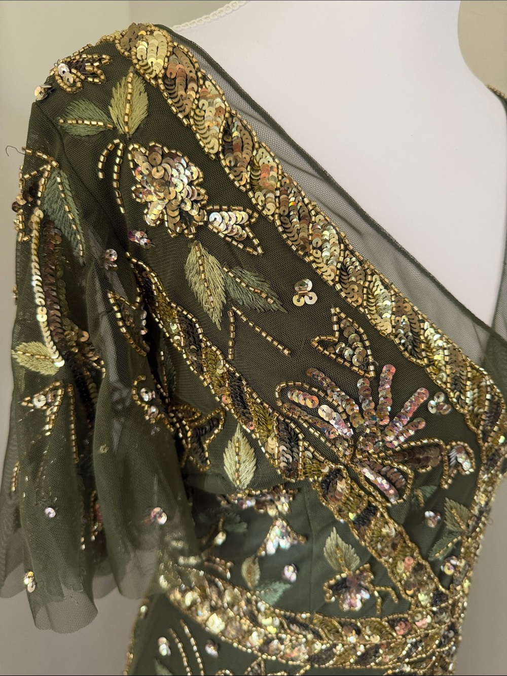 Adrianna Papell Olive Green Maxi Gown with Gold Beading - sold out - Picture 3 of 16